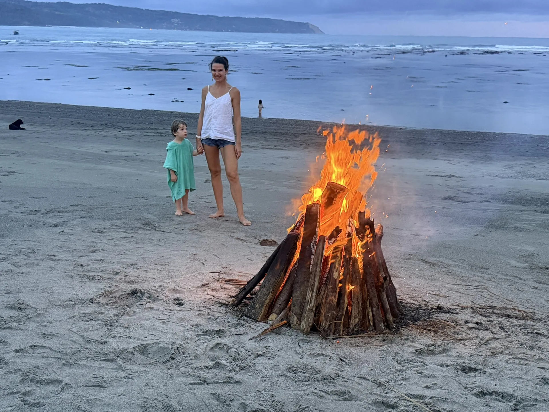 A beach bonfire at dusk